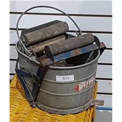 VINTAGE WHITE MOP WRINGER IN GALVANIZED BUCKET