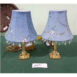 PAIR SMALL BRASS TALE LAMPS W/EMBROIDERED SHADES
