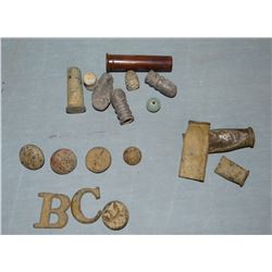 Camp Cook artifacts, bullets, shell casings, tools and Indian beaded small panel, 9” l x 1 ½” w, ver