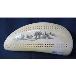 Sperm whale tooth, scrimshawed, cribbage game