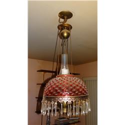 Fancy red globed hanging lamp, glass prisms, electrified