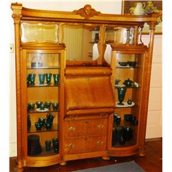 Fancy oak double secretary china cabinet, ornately carved, twin beveled mirrors, 69” w x 74” h, 1 do