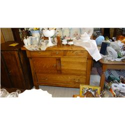 Fancy oak buffet, stained & leaded glass splash board, 52” h x 42” w x 20” d