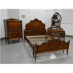 Bedroom set, oak veneer: vanity, full bed, high boy,