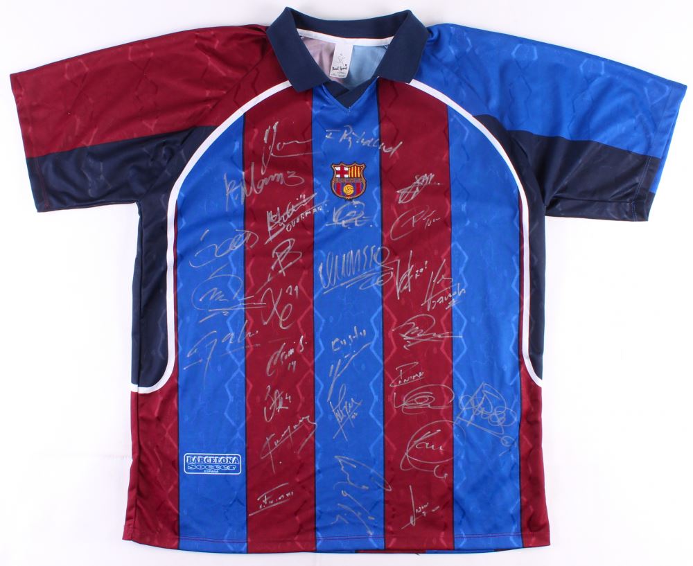 Barcelona Jersey Team Signed By 29 With Carles Puyol Javier Saviola Justin Kluivert Xavi Hernan