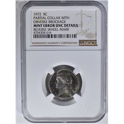 1972 MINT ERROR JEFFERSON NICKEL, NGC UNC details