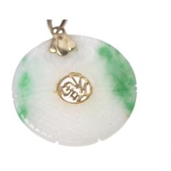 Unique, Highly Collectible, Chinese Carved Green Jade Medallion Mounted With 14k Yellow Gold