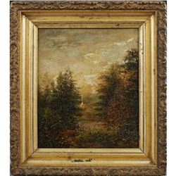 Continental School, "Trees Around a Stream, A Roadside Shrine Beyond," 19th c.