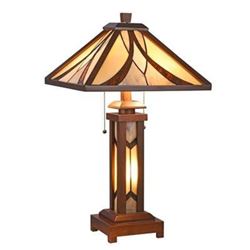 GORDON Tiffany-style Mission 3 Light Double Lit Wooden Table Lamp 15" Shade