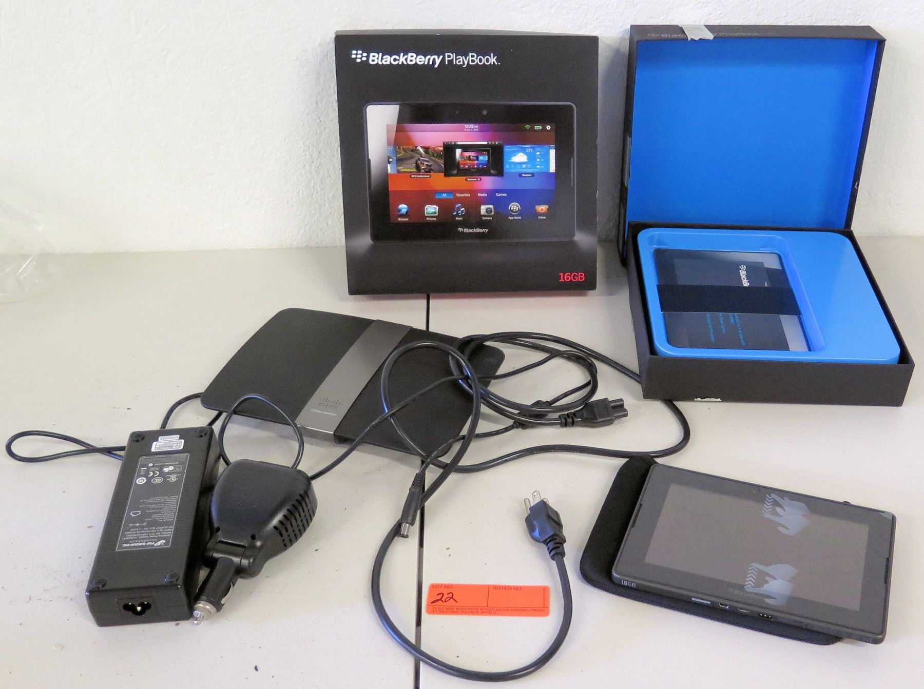 Blackberry 16G Playbook w/ Box, Cisco Router, etc.