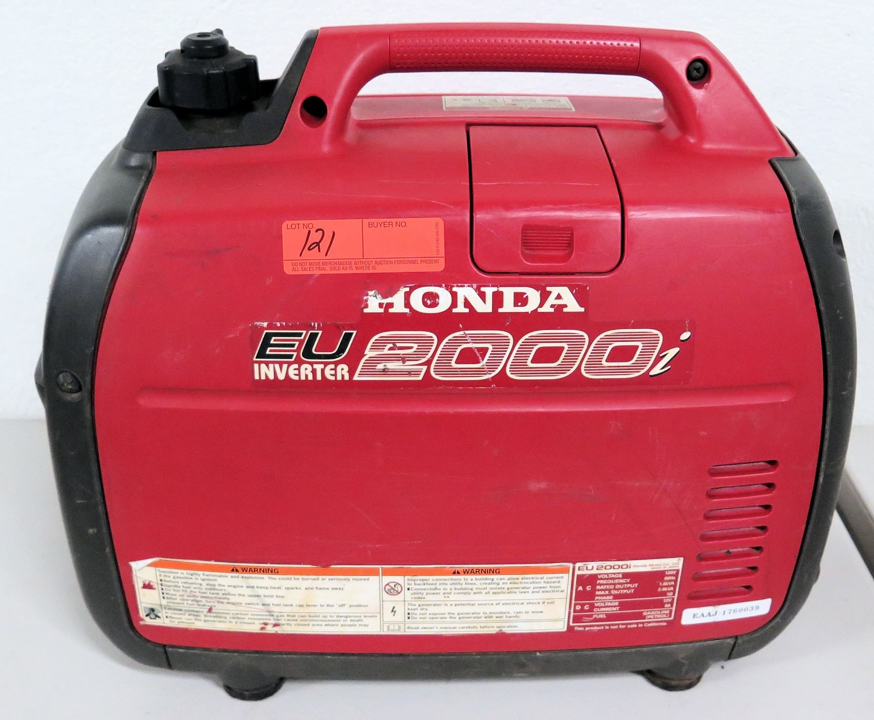 Honda EU 2000i Portable Generator, Inverter A/C Out 120V, DC 12V