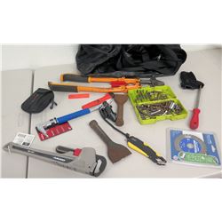 Bolt Cutter, Chisels, Pipe Wrench, Misc. Hand Tools, Tool Bag, etc