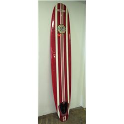 BBI Longboard Surfboard, 2 Fins (Right Fin Box Damaged), Red & White Stripes