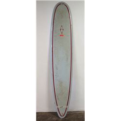 Hap Jacobs Longboard Surfboard, Single Fin, Light Blue & Red