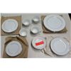 Image 1 : 4-Place Setting China (Made in Japan), White w/ Silver Border (1 of salad & 1 dinner plate missing)