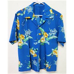 Vintage Aloha Shirt - Blue w/ Yellow Hibiscus, No Tags, Size Unknown