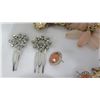 Image 10 : Qty 4 Pair Earrings, 2 Hair Combs Clips, Bangle Bracelet, Pink Bead Necklace