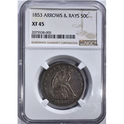 1853 ARROWS/RAYS SEATED 50c NGC XF45