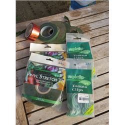 RAPICLIP 7 PKGS TOMATO CLIPS, 6 PKGS VINYL STRETCH TIE, 5 ROLLS MISC TAPE