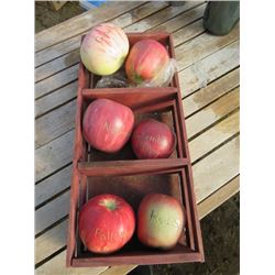 BASKET OF SALESMAND SAMPLE ORNAMENTAL GLASS APPLES