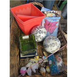 BASKET OF NYLON ORNAMENTS, BIRDS W/ CLIPS, 2 GLASS BALLS, CANDLE HOLDER, PLASTIC POPCORN BOX