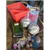 BASKET OF NYLON ORNAMENTS, BIRDS W/ CLIPS, 2 GLASS BALLS, CANDLE HOLDER, PLASTIC POPCORN BOX