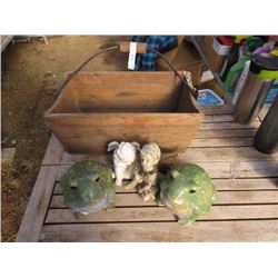 BASKET OF GARDEN ORNAMENTS, 1 PLANTER BOX, 2 FROGS, 2 CHERABS