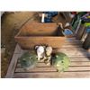 Image 1 : BASKET OF GARDEN ORNAMENTS, 1 PLANTER BOX, 2 FROGS, 2 CHERABS