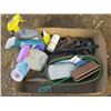 Image 1 : BOX OF MISC CLAMPS, WALL BRACKETS, RODS, CONNECTORS, SPRAY BOTTLE, ETC