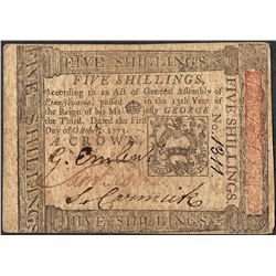 October 1, 1773 Pennsylvania Five Shillings Colonial Currency Note