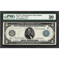 1914 $5 Federal Reserve Note Atlanta Fr.867a PMG Very Fine 30