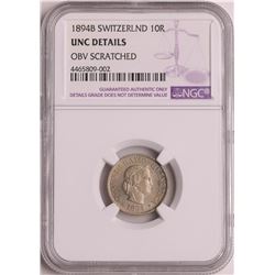 1894B Switzerland 10 Rappen Silver Coin NGC Unc Details