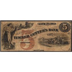 1800's $5 Timber Cutter's Bank Savannah, GA Obsolete Note