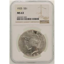 1925 $1 Peace Silver Dollar Coin NGC MS63