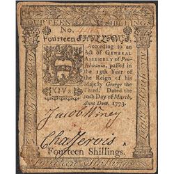 March 20, 1773 Pennsylvania Fourteen Shillings Colonial Currency Note
