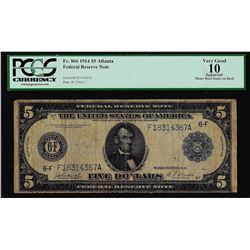 1914 $5 Federal Reserve Note Atlanta Fr.866 PCGS Very Good 10 Apparent