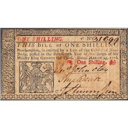 March 25, 1776 New Jersey One Shillings Colonial Currency Note