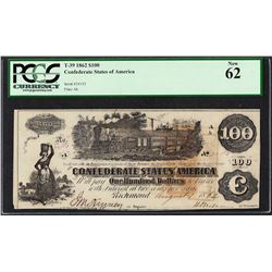 1862 $100 Confederate States of America Note T-39 PCGS New 62