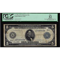 1914 $5 Federal Reserve Note Kansas City Fr.883a PCGS Fine 12 Apparent
