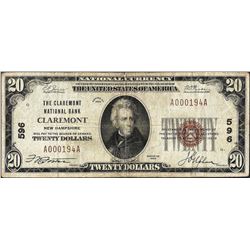 1929 $20 Claremont National Bank New Hampshire National Currency Note CH# 596