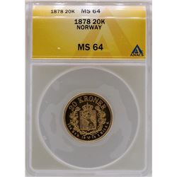 1878 Norway 20 Kroners Gold Coin ANACS MS64