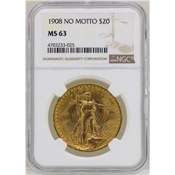 1908 $20 No Motto St. Gaudens Double Eagle Gold Coin NGC MS63