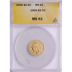 1926 $2 1/2 Indian Head Quarter Eagle Gold Coin ANACS MS61