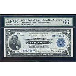 1918 $5 Federal Reserve Bank Note New York Fr.782 PMG Gem Uncirculated 66EPQ