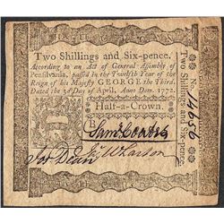 April 3, 1772 Pennsylvania Two Shillings Six Pence Colonial Currency Note