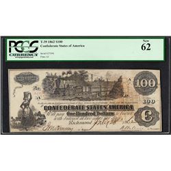 1862 $100 Confederate States of America Note T-39 PCGS New 62