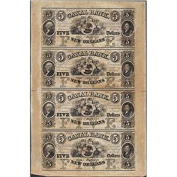 Uncut Sheet of 1853 $5 Canal Bank Obsolete Notes