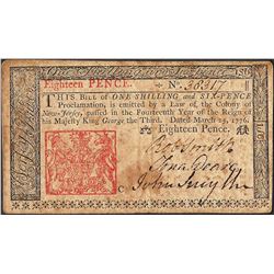 March 25, 1776 New Jersey Eighteen Pence Colonial Currency Note