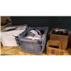 Image 1 : BOX OF ZIPPERS AND RETAIL HANGING CLIPS AND 3 NEW HANGING LIGHTS