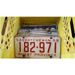 YELLOW CRATE OF VINTAGE MATCHING LICENSE PLATE PAIRS